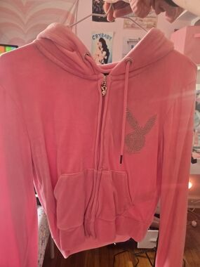 PLAYBOY Pink Velvet Zip Hoodie and pants with Rhinestone Bunny